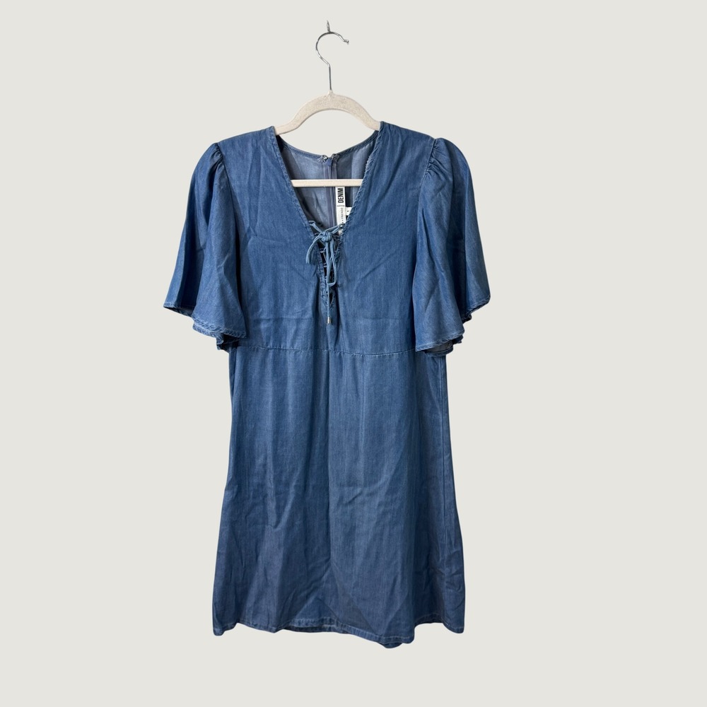 Lovers + Friends Denim Dress S Tencel Chambray Flutter Sleeve Boho Mini Blue